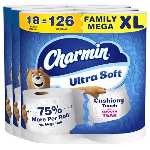 Charmin Ultra Soft Cushiony Touch Toilet Paper, 18 Family Mega XL = 126 Regular Rolls, 2-Ply, White