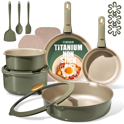 CAROTE 19 Pcs Pots and Pans Set, Nonstick Cookware Sets with Detachable Handle, Titanium Reinforced, Oven Safe, Cookware Non Stick Cooking Set w/Frying Pans & Saucepans Green(PFOS, PFOA Free)