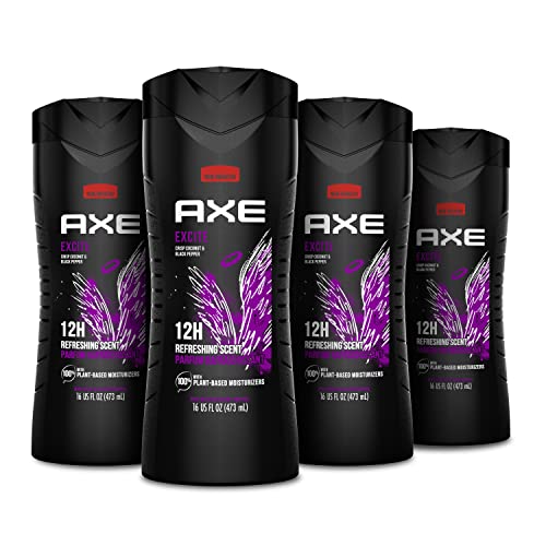 AXE Crisp Coconut & Black Pepper Body Wash 4 Count 12h Refreshing Scent Excite Men's Body Wash with 100% Plant-Based Moisturizers 16 oz