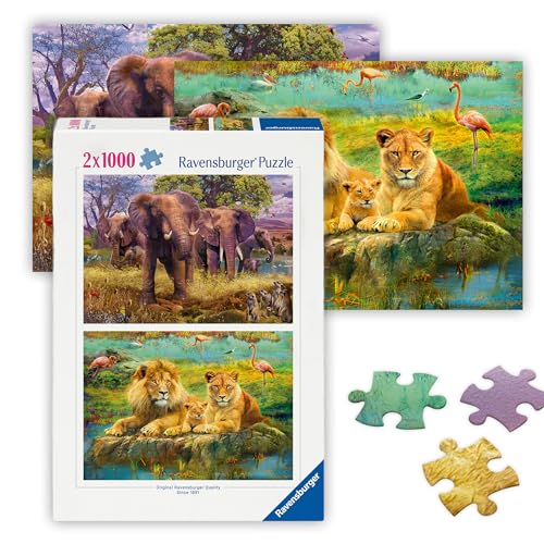 Ravensburger - African Animals - 2 x 1000 Piece Jigsaw Puzzle - #1 Revered Elephants on The Plain - #2 Majestic Lion Family at Rest - Ideal Gift - Frameable Art - Screen-Free Fun - Puzzles for Adults