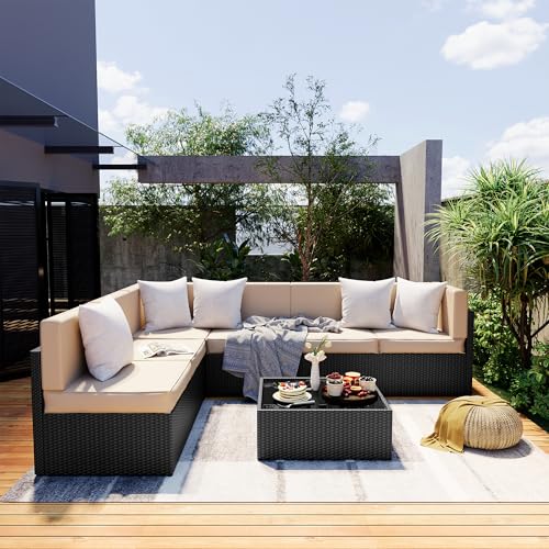 Pamapic 7 Pieces Outdoor Sectional Furniture，Wicker Patio sectional Furniture Sets，All-Weather Rattan Sectional Sofa Conversation Set with Coffee Table and Washable Couch Cushions Covers