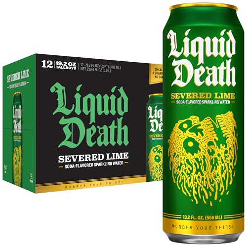 Liquid Death Soda-Flavored Sparkling Water - Severed Lime (Classic Lime Soda), Less Sugar*, Huge Flavor, No Artificial Sweeteners, King Size 19.2 Fl Oz (Pack of 12)