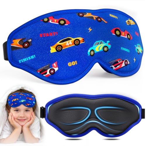 BeeVines Kids Sleep Mask, 3D Contoured Memory Foam Cushioned Sleeping Eye Mask, Adjustable Strap, Pressure-Free 100% Blackout Eye Cover for Boys, Travel Gift (Racing Car)