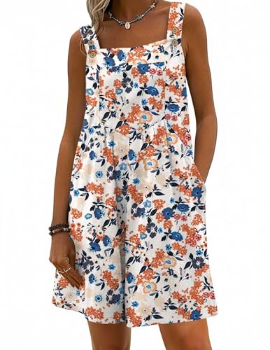 Ekouaer Rompers for Women Floral Overalls Short Jumpsuit Boho Vacation Outfits Travel Clothes Floral Orange M