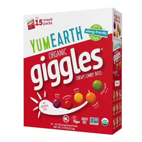 YumEarth Organic Giggles Chewy Candy – Allergy Friendly, No Artificial Dyes, Non GMO, Gluten Free, Fruit Flavored, Vegan Candy Snacks 0.5 oz (Box of 15)​