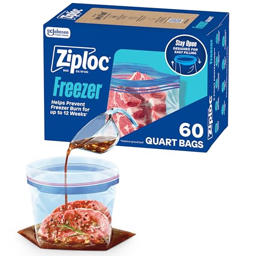 Ziploc Quart Food Storage Freezer Bags, Stand-Up Bottom, Easy to Fill, 60 Count