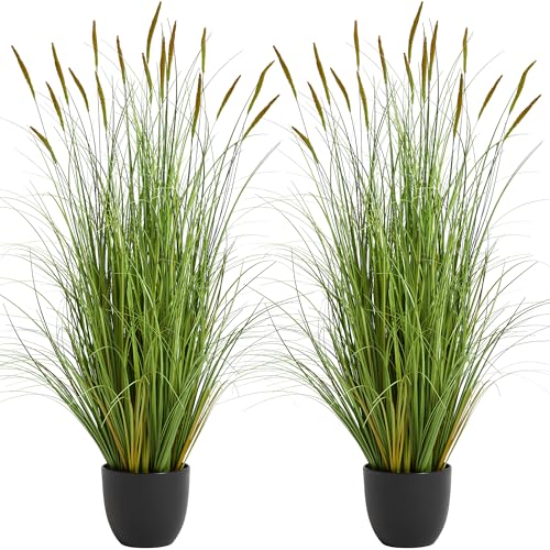 KOL 4ft 2-Pack Artificial Cattail Reed Grass, 47.2’’ Artificial Indoor Outdoor Fake Onion Grass Plant, Home Office Wedding Decorative Potted Plant Faux Greenery, Housewarming Gift, Green