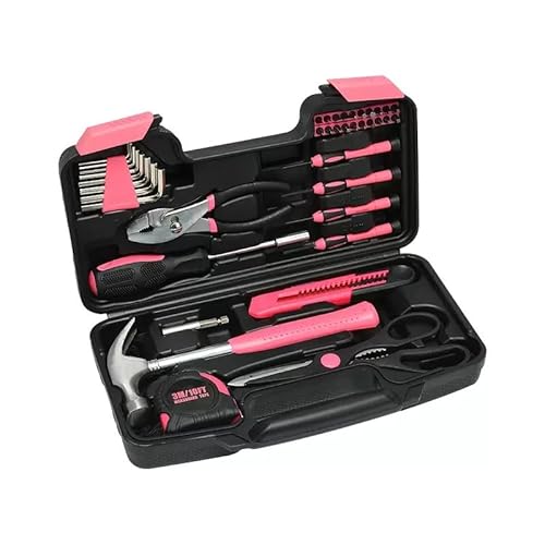 39 Pcs All Purpose Basic Household Pink Tool Kit for Women - Small Tool Set with Toolbox Great for Home, Garage, Office and College Dormitory Use