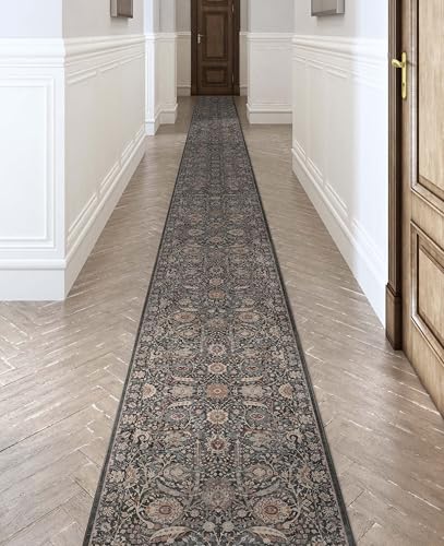 Well Woven Asha Collection Elegant Charcoal Grey Oriental 25' Foot Runner Rug Perfect for Hallway Staircase Ideal for High-Traffic Areas with Vintage-Inspired Low Pile