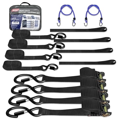 Motorcycle Tie Down Straps 1" x15' (4-Pack), Waterproof Carry Bag 2200lb Break Strength with Soft Loops & Coated S-Hooks for Truck, Trailer, ATV, UTV, Boat (Black)