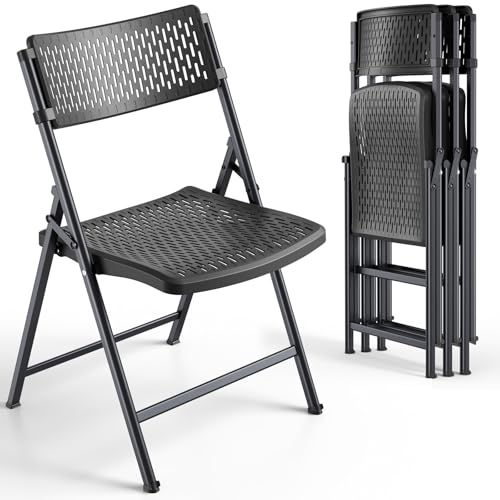 FurniEdge Black Folding Chairs 4-Pack, Breathable Plastic for Card Tables & Indoor Outdoor, Easy-Clean & Supports 400 Lbs