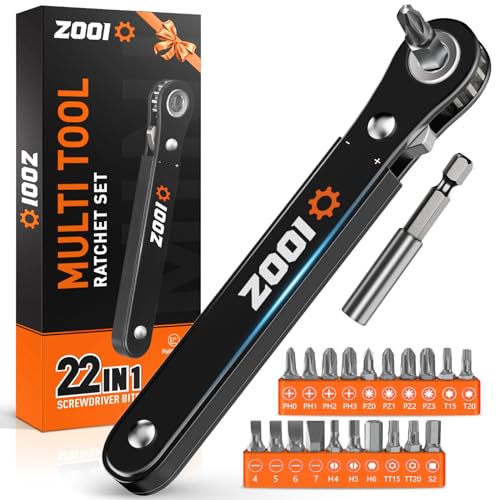ZOOI 22 In 1 Ratchet Screwdriver Set, EDC Gear Tool Pocket Ratcheting Screwdriver, Mens Dad Gifts for Men Dad Him, 90 Degree Right Angle Screwdrivers, Tight Spaces Mini Ratchet Set