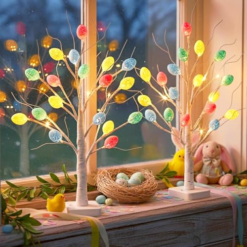 Vanthylit Easter Decorations, 2 Pack Lighted Easter Tree Battery Operated with Timer, 22 Inch LED Birch Tree with 36 Egg Ornaments Indoor Tabletop Centerpiece Light for Home Decor