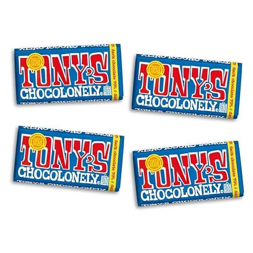 Tony’s Chocolonely Belgian Dark Chocolate, Pure Chocolate Bar for Snacks, Party Favors, Gifts, or Gift Basket, Vegan, 70% Cacao, Made From Quality Fairtrade Cocoa & B Corp Certified 6.35 Oz, 4 Bars