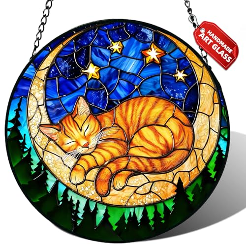 Stained Glass Window Hanging, Orange Sleeping Cat Suncatcher for Door Home Decor Moon Starry Night Sun Catcher Ornament Mother's Day Birthday Gifts for Women Men Mom 6.3 in