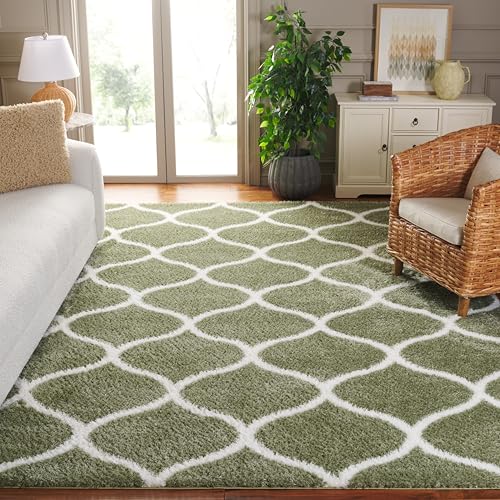 SAFAVIEH Tahoe Shag Collection Area Rug - 9' x 12', Sage & White, Trellis Design, Non-Shedding & Easy Care, 1.2-inch Thick Ideal for High Traffic Areas in Living Room, Bedroom (THO677W)