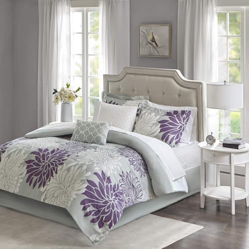 Madison Park Essentials Maible Cozy Bed in A Bag Comforter with Complete Cotton Sheet Set-Floral Medallion Damask Design All Season Cover, Decorative Pillow, King (104 in x 92 in), Purple/Gray