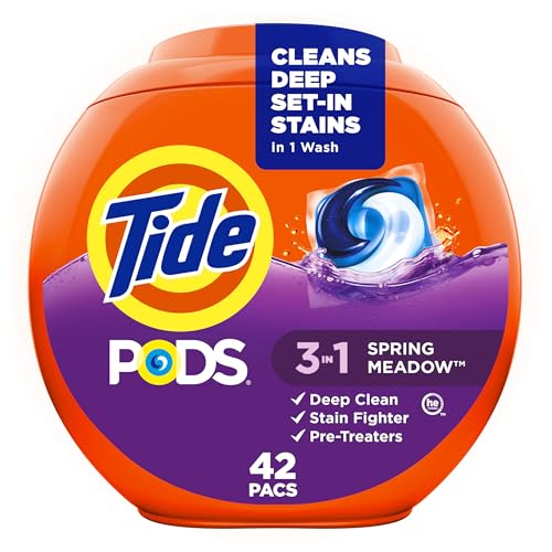 Tide Pods Laundry Detergent Pacs, 3-In-1 Stain Remover, Odor Fighter, Color Protector, 42 Count, He Compatible, Spring Meadow Scent
