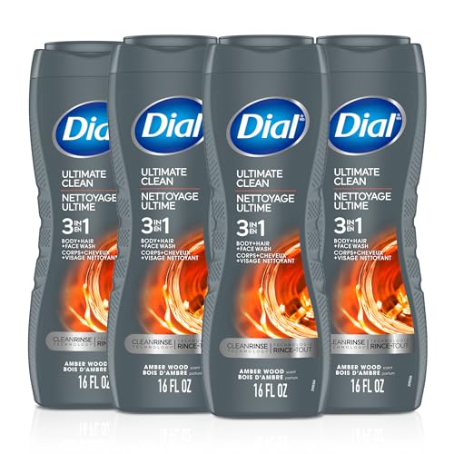 Dial Men 3 in 1 Body, Hair and Face Wash, Ultimate Clean, 16 Fl Oz, Pack of 4, Amber Woods Scent, Cleanses Deep + Gentle on Skin with Clean Rinse Technology
