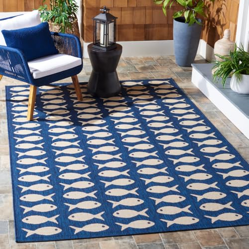 SAFAVIEH Washable Rug Outdoor Courtyard Collection - 5'3" x 7'7", Navy & Beige, Non-Shedding & Easy Cleaning, Ideal for Patio, Backyard, Mudroom (CY6013-268)