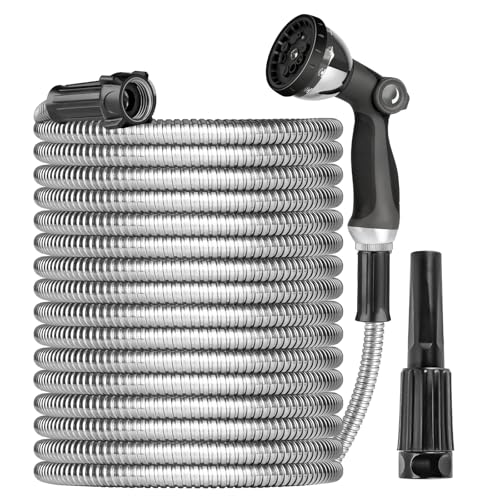 Ainpota Metal Garden Hose Water Hose 100ft Heavy Duty Stainless Steel Water Pipe with Sprayer & Nozzle Flexible Lightweight Hose No Kink Pet Proof Hose for Yard, Outdoors, Rv