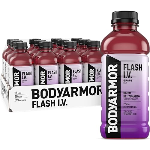 BODYARMOR Flash I.V. Electrolyte Beverage, Grape, Hydration Drink with Coconut Water For Rapid Rehydration, Post Workout Recovery, 20 Fl Oz (Pack of 12)