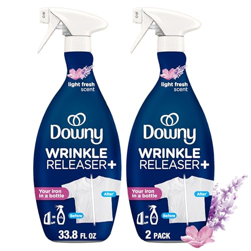 Downy Wrinkle Releaser Spray, All In One Wrinkle Release Spray, Odor Eliminator, Static Remover, Fabric Refresher & Ironing Aid for Clothes, 33.8 Fl Oz (Pack of 2), Light Fresh Scent