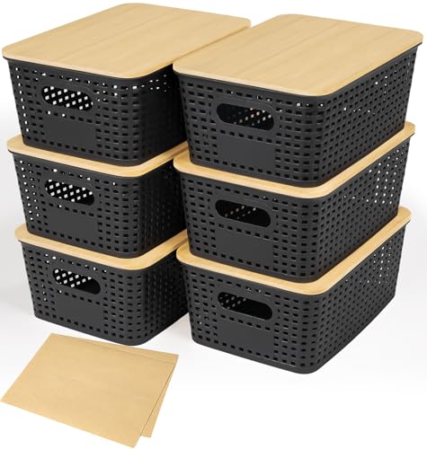 Criusia 6 Pack Plastic Storage Baskets With Bamboo Lid, Stackable Storage Baskets for Organizing Desktop Closet Shelves Drawers Pantry Organization Office Playroom Classroom (Black)