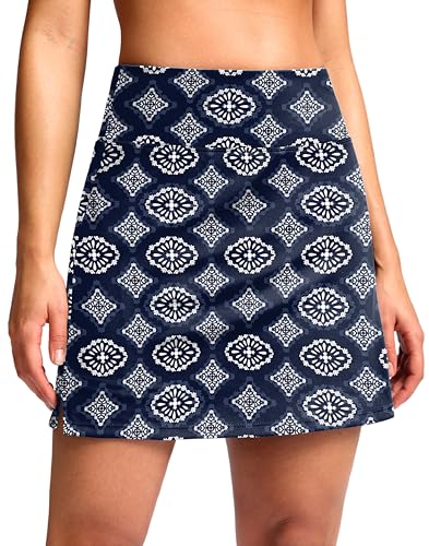 SANTINY 16" Skorts for Women with 2 Pockets High Waisted A Line Pickleball Golf Skort Casual Athletic Tennis Skirt (Blue Flower_L)