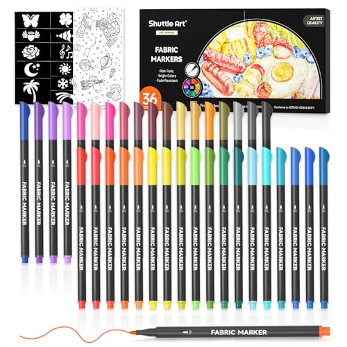 Shuttle Art 36 Colors Fabric Markers, Permanent Markers for T-Shirts Clothes Sneakers Jeans with 11 Stencils 1 Fabric Sheet, Permanent Shirt Pens for Adult DIY Painting Writing
