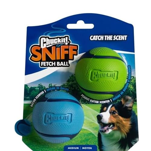 Chuckit! Sniff Ball Dog Toy, Durable High Bounce Bacon and Peanut Butter Scented Rubber Dog Ball Fetch Toy, Medium, 2 Pack