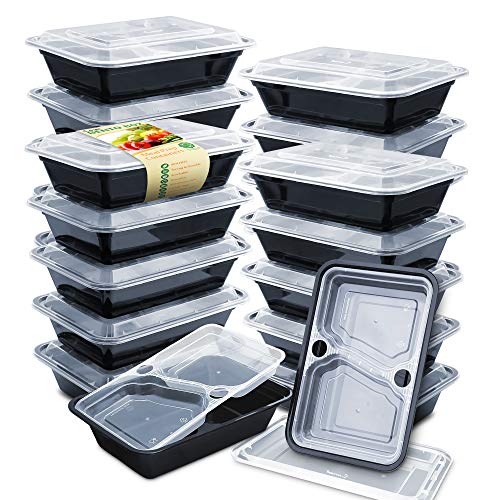 Enther 36oz Meal Prep Containers 20 Pack 3 Compartment with Removable Insert Tray 2 Tier Food Storage Bento Box with Lid, BPA Free Reusable Lunch Box Stackable/Microwave/Dishwasher/Freezer Safe Black