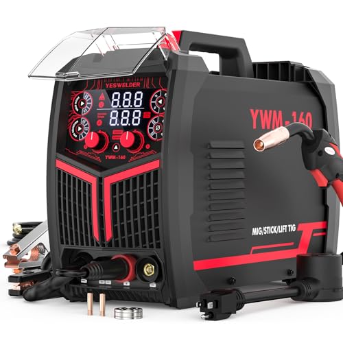YESWELDER 160A MIG Welder, 110V/220V Dual Voltage, 4 in 1 Gas MIG/Flux Core MIG/Lift TIG/Stick Multiprocess Large LED Digital Display MIG Welding Machine