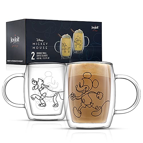 JoyJolt Aroma Disney Mickey and Pluto 13.5oz Glass Coffee Cups Set - 2 Insulated Double Wall Mugs, Large Espresso Cups - Unique Disney Cups