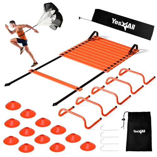Yes4All Agility Ladder Adjustable Speed & Agility Training Equipment for All Ages, Durable Speed Ladder, Multiple Combo Sets Available, Orange,12 Agility Cones, 5 Hurdles, Jump Rope, Running Parachute