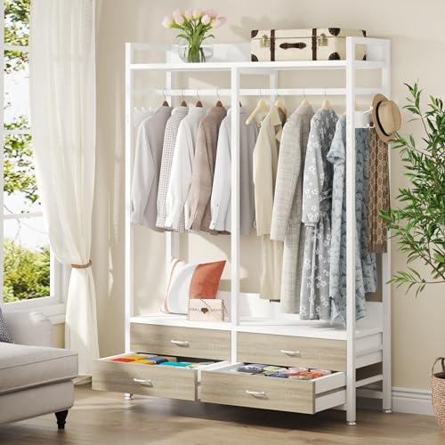 Tribesigns Freestanding Closet Organizer for Hanging Clothes, Heavy Duty Garment Rack with 4 Drawers, 8 Hooks and Storage Shelves, Wardrobe Closet Clothing Rack for Bedroom, Living Room, White Walnut