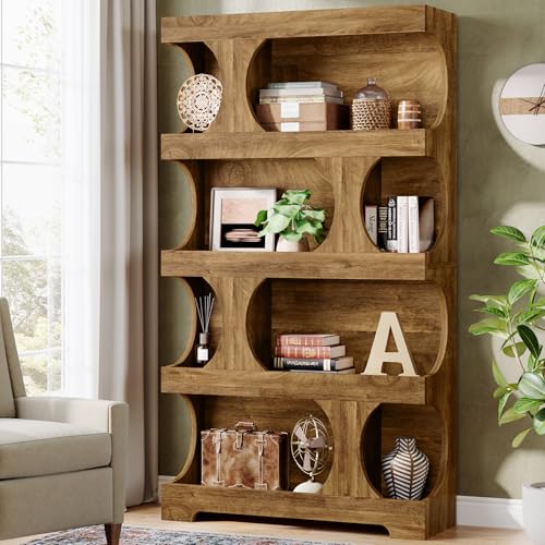 Tribesigns 71" Tall Bookcase, 4-Tier S-Shaped Bookshelf, Wood Decorative Storage Shelving, Modern Freestanding Display Shelves, Large Library Book Shelf Unit for Home Office Living Room Bedroom, Brown