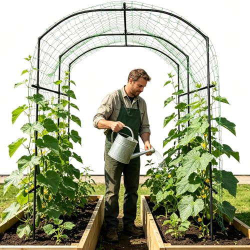 SUNYRISY Garden Arch Trellis for Climbing Plants Outdoor Gardening, 87" H x 70" L x 75" W Metal Core Tall Plant Support for Raised Bed Planting Cucumber Tomato Flowers Vegetables