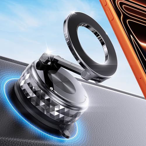 Meifigno Fits 360 ° Rotating Magsafe Car Mount for Tesla, [All-Metal & Upgraded Suction],Vacuum Magnetic Phone Holders for Your Car, Tesla Screen/Windshield/Dashboard Mount for iPhone Android