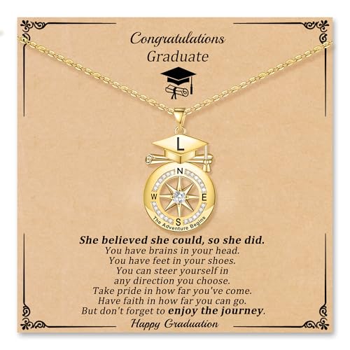 Sistble College Graduation Gifts for Women, Graduation Necklace Class of 2026 Gold Compass Cap L Initial Necklaces for Women 2026 Decorations High School 8TH 5TH Grade Inspirational Gift