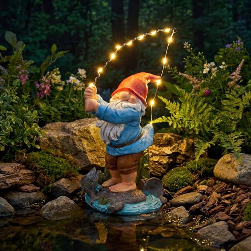 EXYGLO Solar Gnome Garden Decor Statue, 8.5" Fishing Gnome Outdoor Funny Decoration for Lawn, Patio, Yard, and Unique Housewarming, Birthday Ornament Gift for Mother, Friend, Family