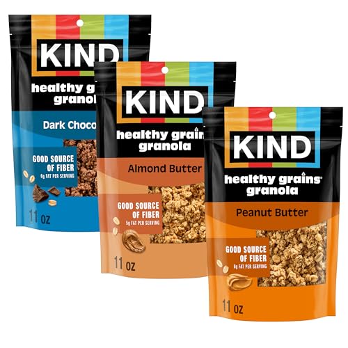 Kind Healthy Grains Granola Variety Pack, Gluten Free, Healthy Snack Mix, Dark Chocolate, Almond Butter, Peanut Butter, 10g Protein, 11oz, 3 Count