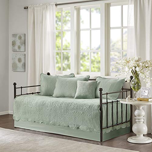 Madison Park Daybed Cover Set Damask Quilted Cover for Daybeds, All Season, Pre-Washed Cotton-Filled Coastal Bedding Scallop Edge, Shams, Bedskirt, Décor Pillows, Tuscany, Seafoam, 39"x75", 6 Piece
