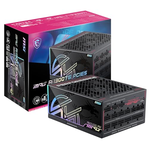MSI MPG Ai1300TS PCIE5, Fully Modular Gaming 1300W Power Supply, 80+ Titanium, Dual 12V-2x6 Cables, GPU Safeguard+, SiC MOSFETs, Fan Safeguard, ATX 3.1 & PCIe 5.1 Ready,12 Year Warranty