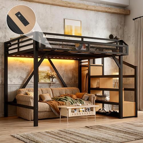 Bellemave Loft Bed Full Size with Storage Stairs, Beside Shelf & Wardrobe, Metal Full Size Loft Bed with USB Ports & LED Light, Large Under-Bed Space Loft Beds for Adults, Teens, Kids, Black Natural