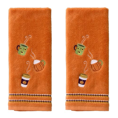 SKL Home Autumn Fall Drinks 100% Cotton Embroidered 2pc Hand Towel Set, Decorative for Bath/Kitchen/Bar & Gift, Orange
