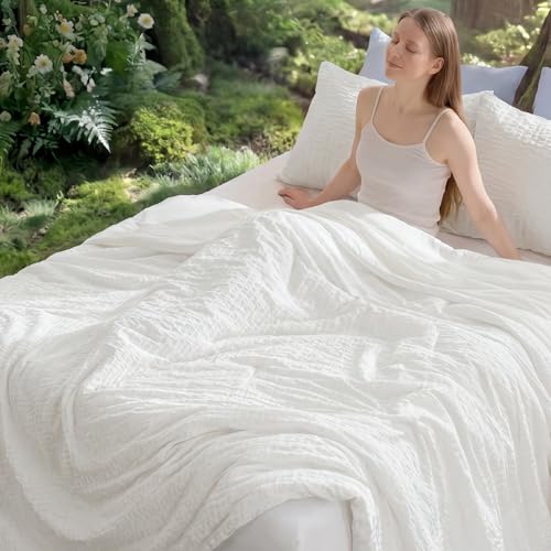 Bedsure SleepEase Cooling Comforter Queen Size for Summer, 3 Pieces White Seersucker Cooling Comforters for Hot Sleepers, Double-Sided Cool Tech Bedding Set with 1 Breathable Comforter, 2 Pillowcases