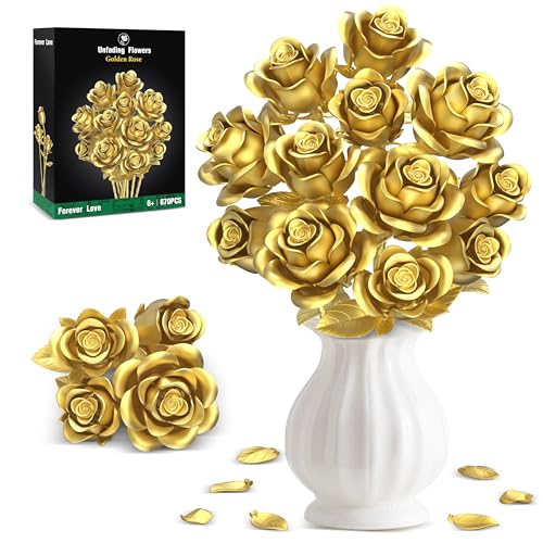 Metallic Gold Roses Flower Bouquet Building Sets, 670Pcs Golden Roses Botanical Collection Compatible with Lego Flowers Valentines Day Gifts for Her Women Girlfriend Wife Gothic Romantic Decor