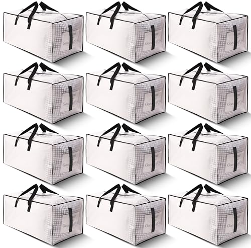 HOMESURE 12 Pack Large Strong Moving Bags with Zippers & Carrying Handles - Water-Resistant - Heavy Duty Storage Tote for Space Saving, Fold Flat, Alternative to Moving Box (Semi-Transparent)