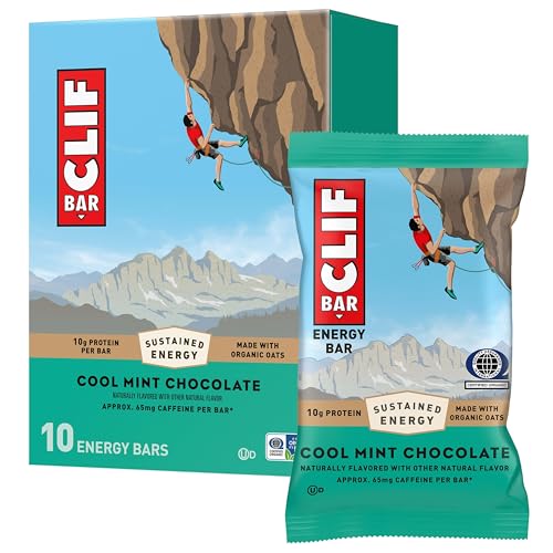 CLIF BAR - Energy Protein Bars - Cool Mint Chocolate with Caffeine - Made with Organic Oats - Energy Bars - Non-GMO - (10 Pack)